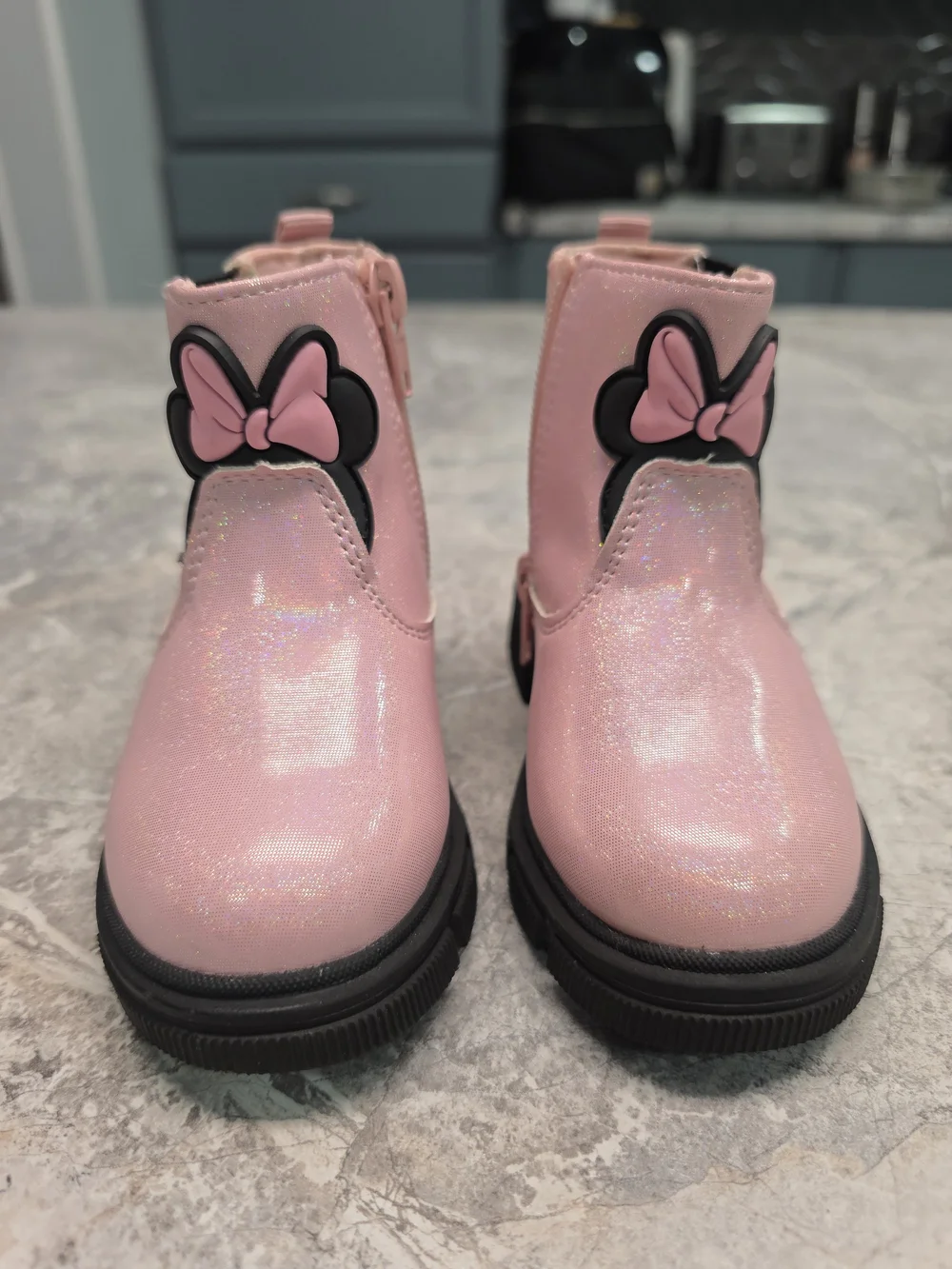 Girls Disney Pink Glitter Ankle Boots with Minnie Bow Accent